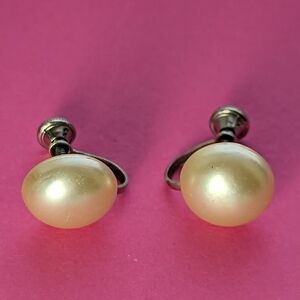 Vintage Faux Pearl Screw Back Silver Tone Earrings